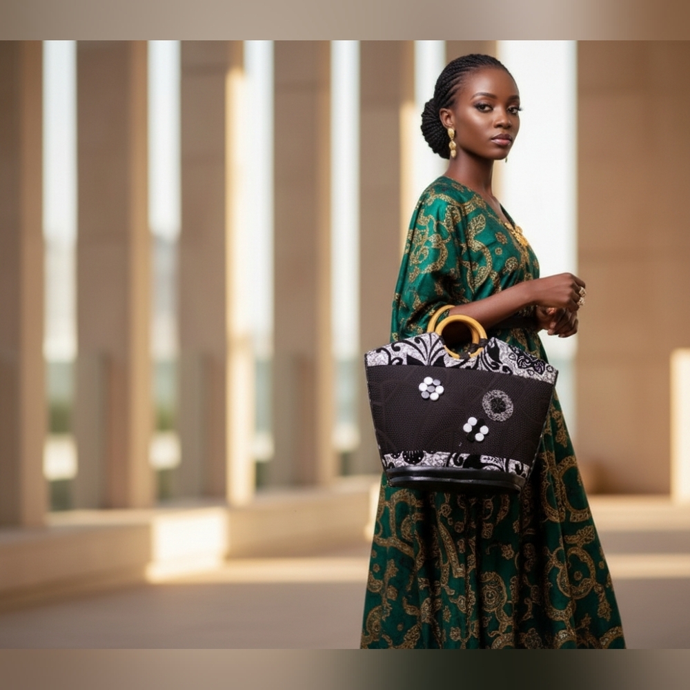 Chic Black and White Tote Bag with Wooden Handle